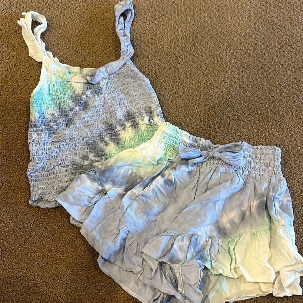 Vintage Havana Girls Purple, Aqua & White Tank Top & Ruffle Shorts Matching Set